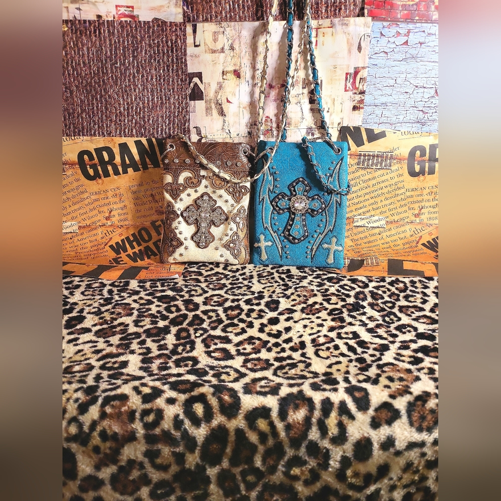 The Chic Bag-Rhinestonestudded Faux Leather Brown+Turquoise 3 way crossover bag